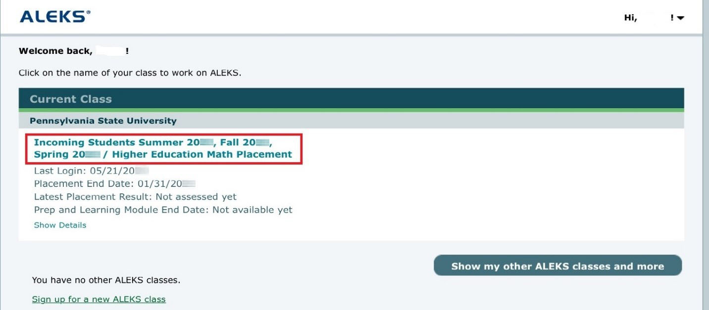 Screenshow of ALEKS website and the "Incoming Students Math Placement" link.