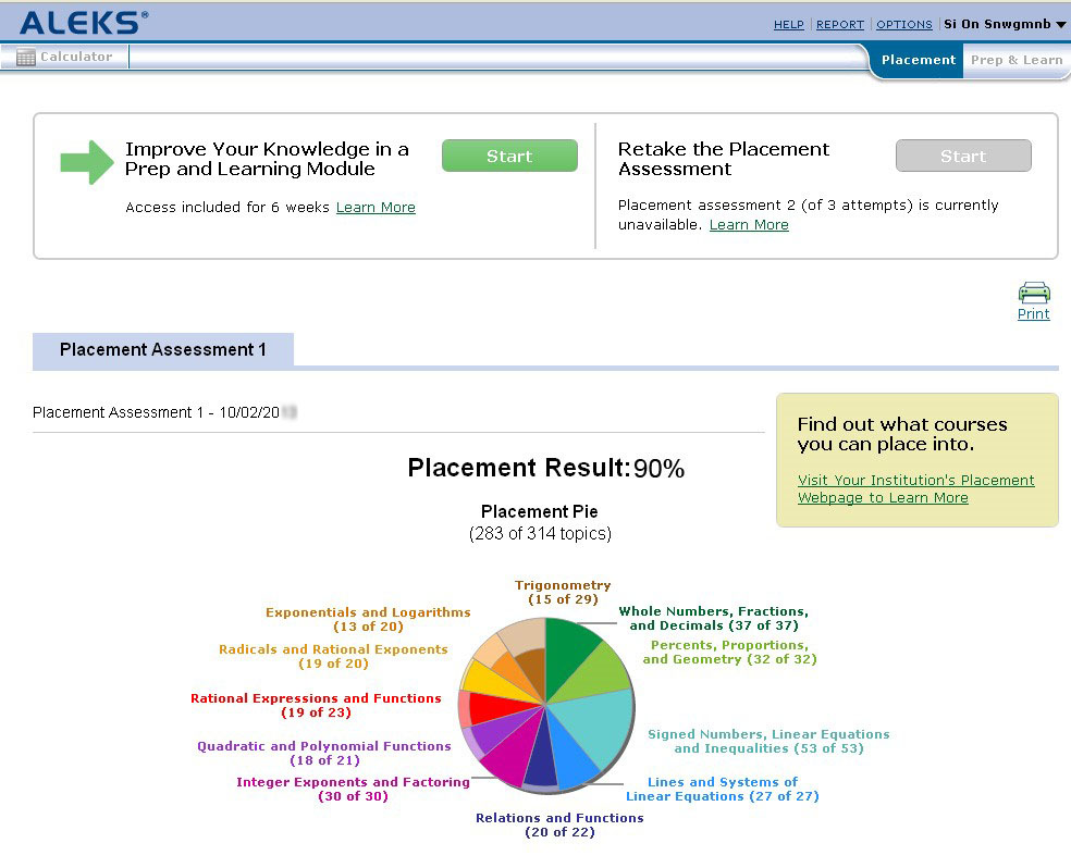 Screenshot of ALEKS website indicating the options to Improve Your Knowledge in a Prep Module or Retake the Placement Assessment. 