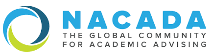 NACADA logo consisting of a circle on the left with light green, light blue and dark blue segments along the outline. The letters N, A, C, A, D, A, often sounded out as Nacada, with a text tag line of The Global Community for Academic Advising.