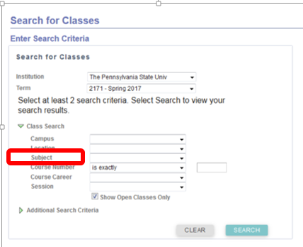 Search for clases using the Subject field in the Search Criteria form in LionPATH